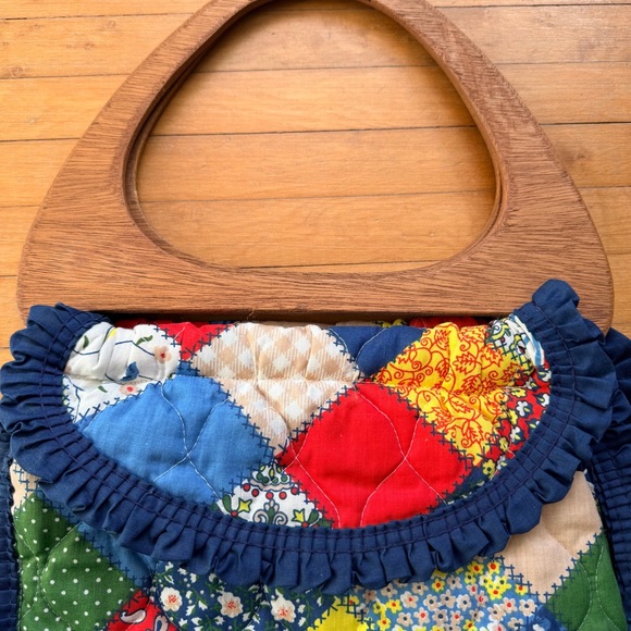 Vintage LARGE PATCHWORK PURSE Bag Wood Wooden Handles 1970s Knitting Needlework - Picture 3 of 6